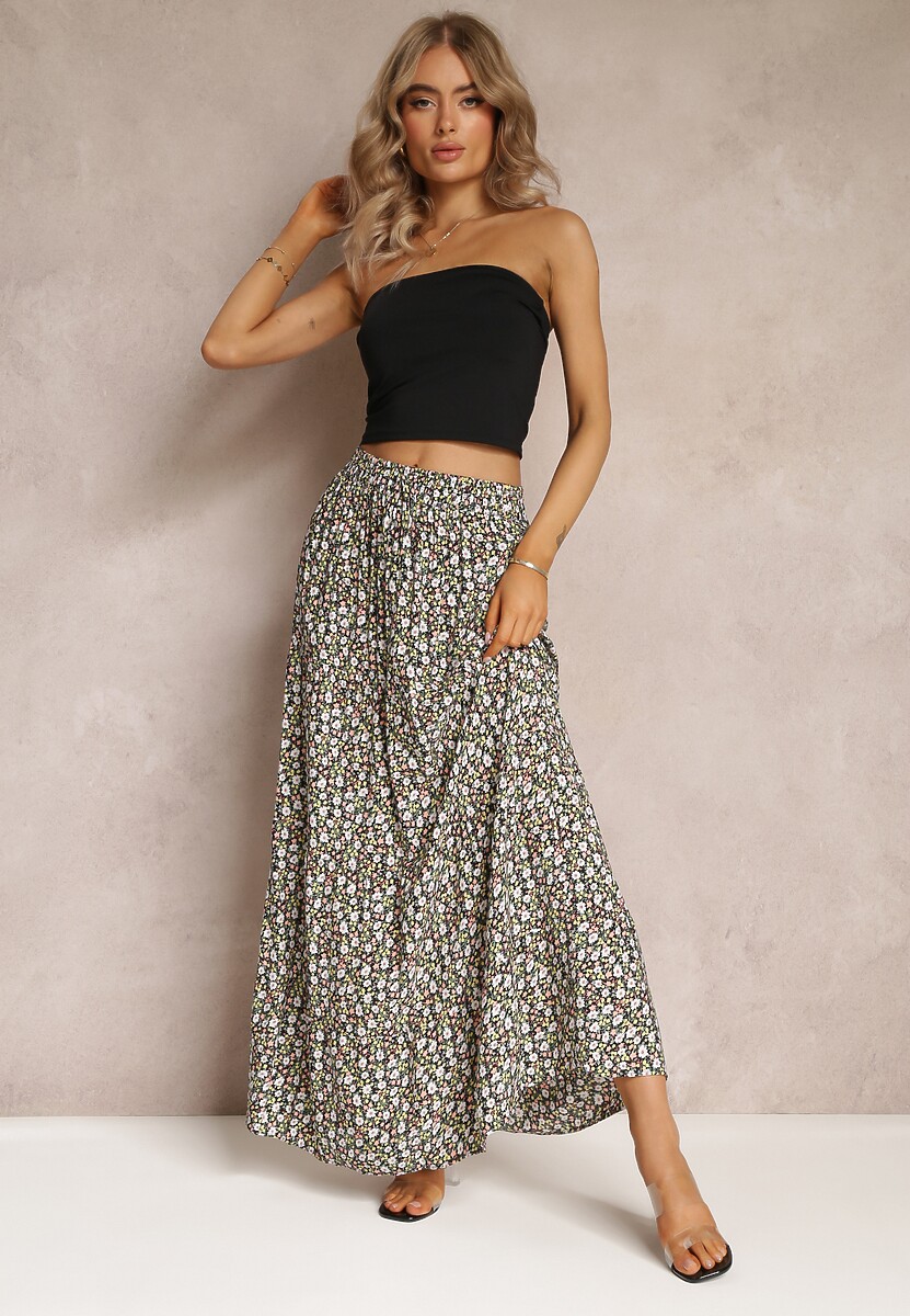 Czarna Rozkloszowana Spódnica Maxi w Kwiaty Dethuj