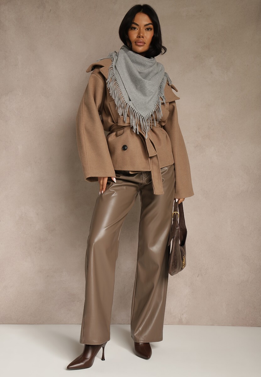 Szary Bawełniano-Wiskozowy Szalik w Kształcie Trójkąta z Frędzlami Vetisara