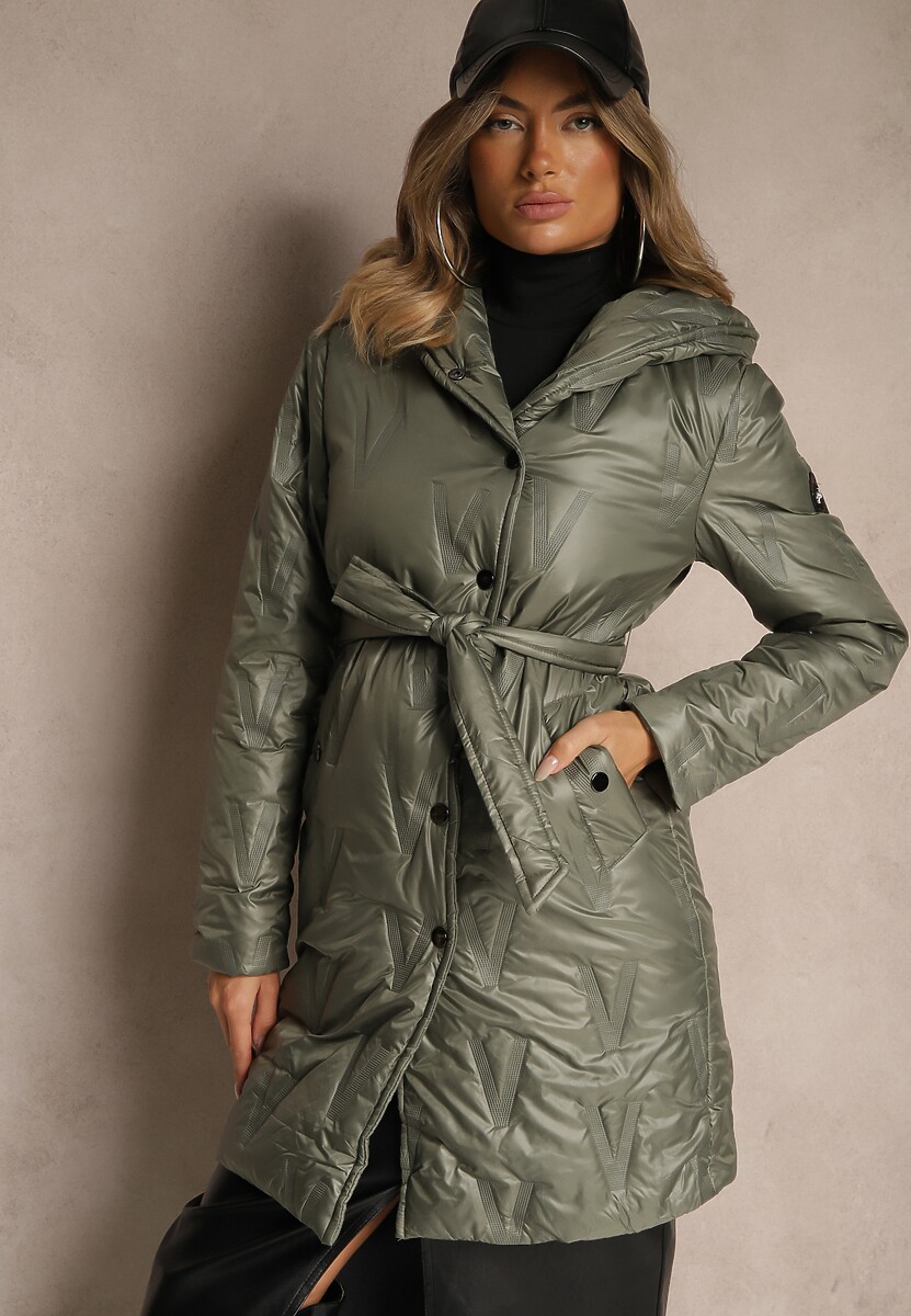 Zielona Pikowana Kurtka z Kapturem i Wiązanym Paskiem Elladie