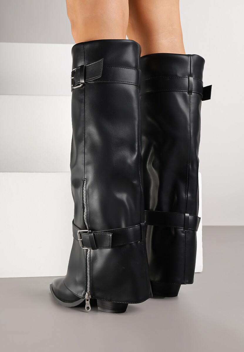 Czarne Kozaki na Stożku z Cholewką Imitującą Nogawkę z Klamrami i Suwakiem Erseria