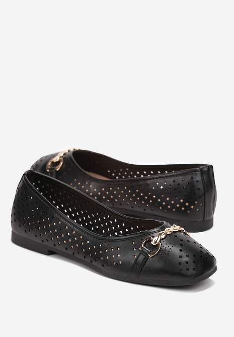 Czarne Ażurowe Balerinki z Klamerką Radwaina