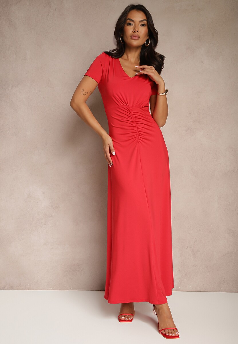 Jasnobeżowa Taliowana Sukienka z Ozdobnymi Marszczeniami i Domieszką Wiskozy Avenile