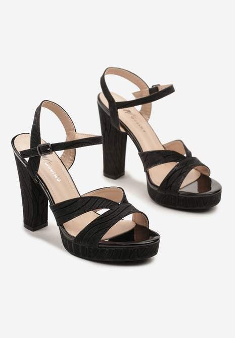 Czarne Sandały na Słupku i Platformie z Brokatem Toliranna