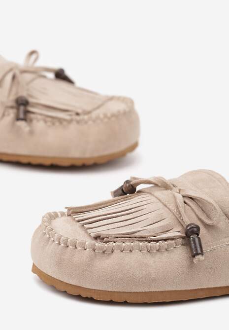 Ciemnobeżowe Klapki Ozdobione Kokardą i Frędzlami Felindrise