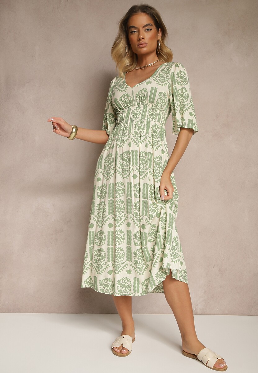 Zielono-Kremowa Sukienka Boho Rozkloszowana z Wiskozy z Odkrytymi Plecami Tuvria