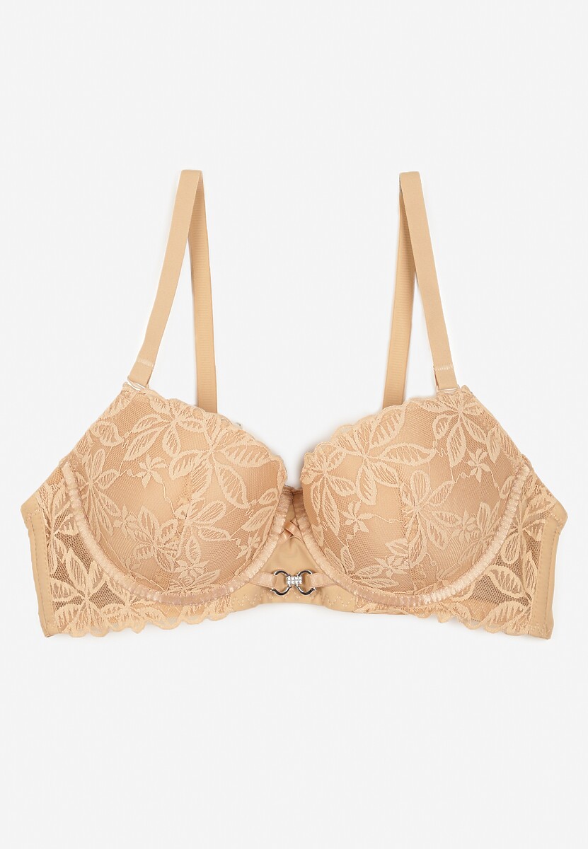 Ciemnobeżowy Biustonosz Push Up Ozdobiony Koronką z Odpinanymi Ramiączkami z Regulacją Bilania
