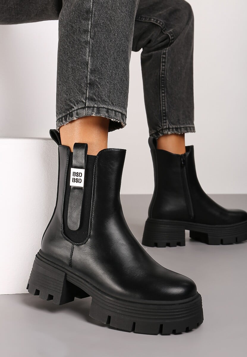 Czarne Botki Sztyblety na Platformie i Słupku Wykończone Elastyczną Gumką Zaliefra