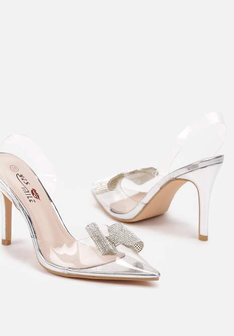 Srebrne Szpilki Transparentne z Odkrytą Piętą i Cyrkoniową Kokardą Leniliana