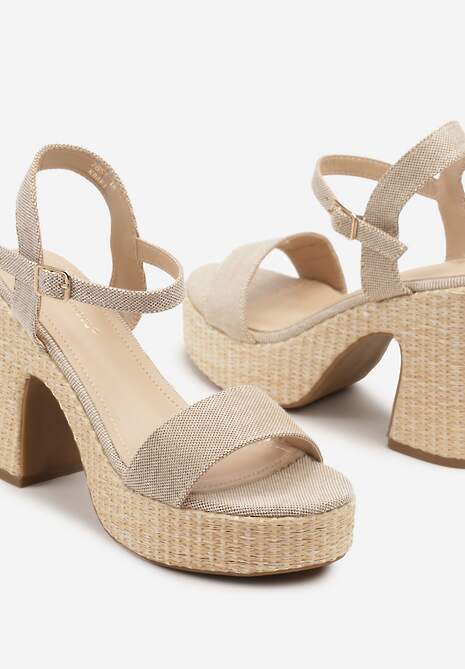 Ciemnobeżowe Sandały na Słupkowym Obcasie z Plecionką w Stylu Boho Reliora