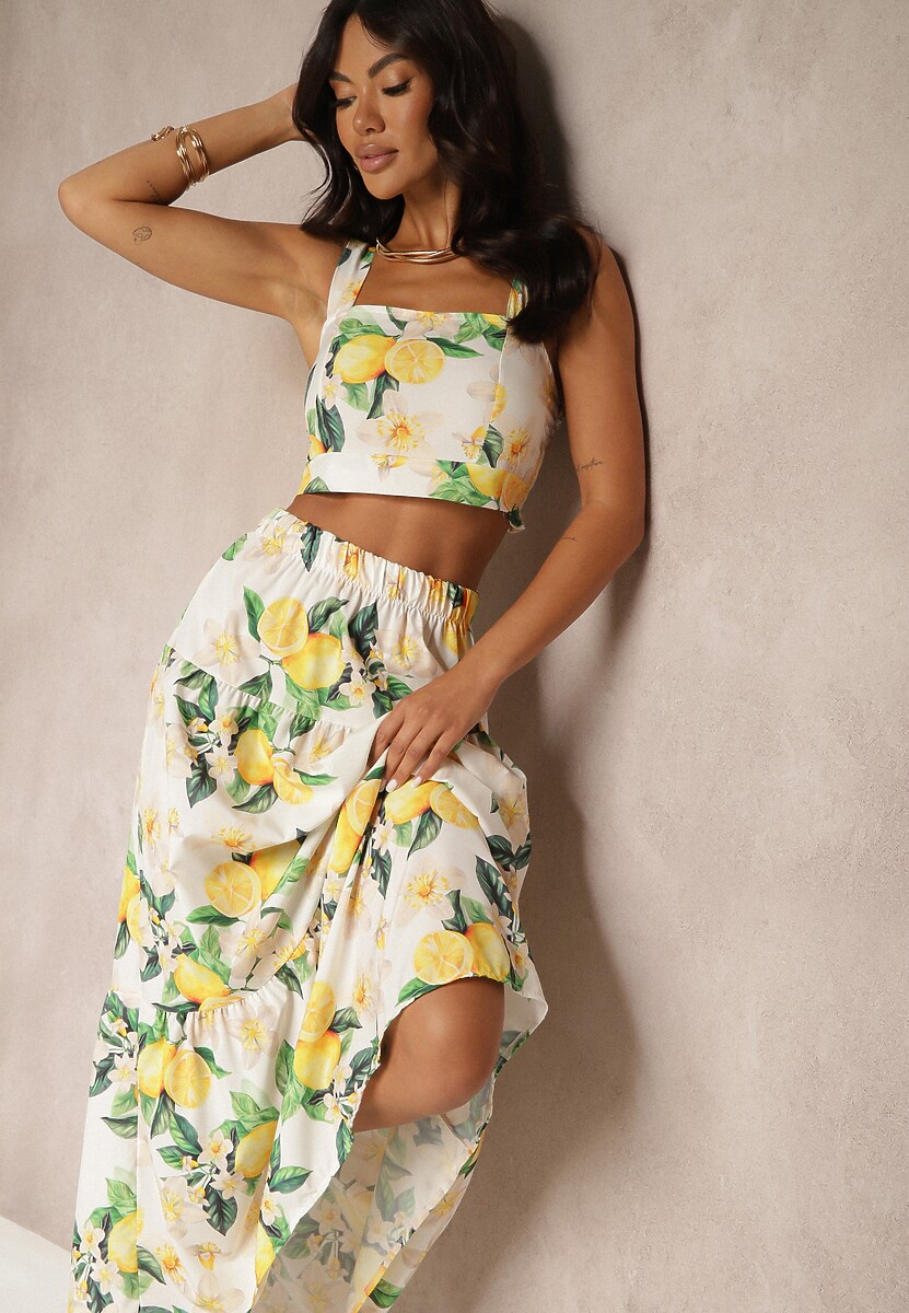 Biały Komplet Top na Ramiączkach i Spódnica o Rozkloszowanym Kroju Madlaine