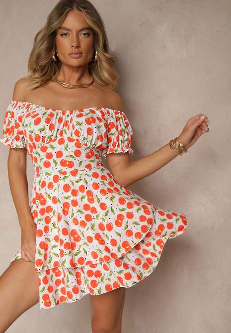 Biała Sukienka Rozkloszowana z Bawełną w Wisienki Lunasella