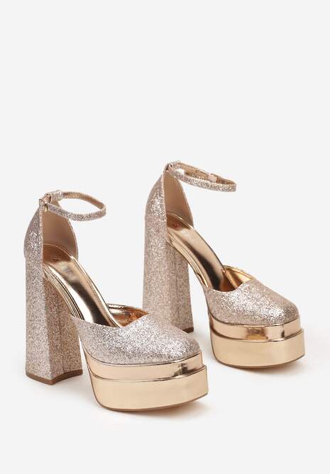 Szampańskie Brokatowe Eleganckie Sandały na Platformie i Słupku Mericiana
