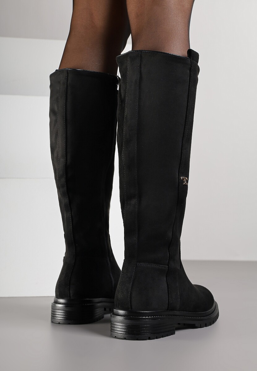 Czarne Kozaki Oficerki z Imitacji Zamszu z Aplikacją w Eleganckim Stylu Salenatta