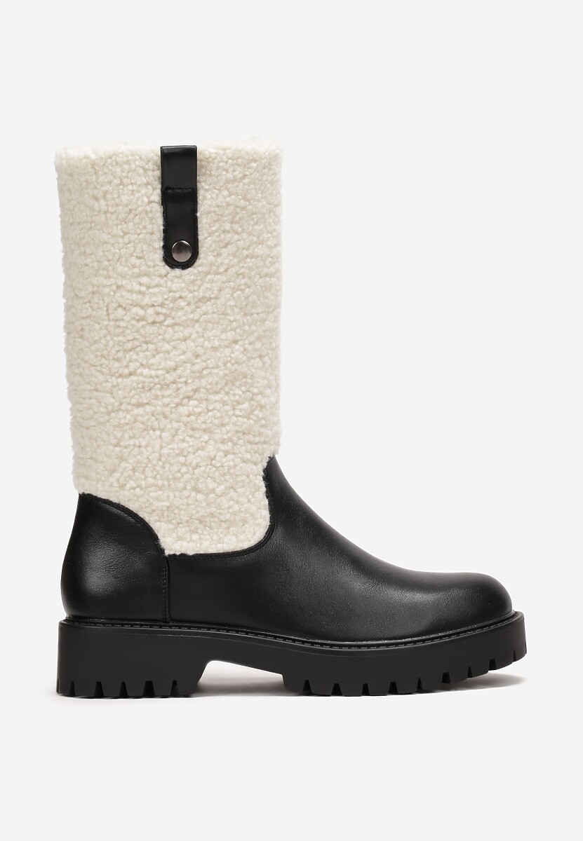 Czarne Płaskie Botki z Cholewką z Ciepłego Kożuszka Cirillo