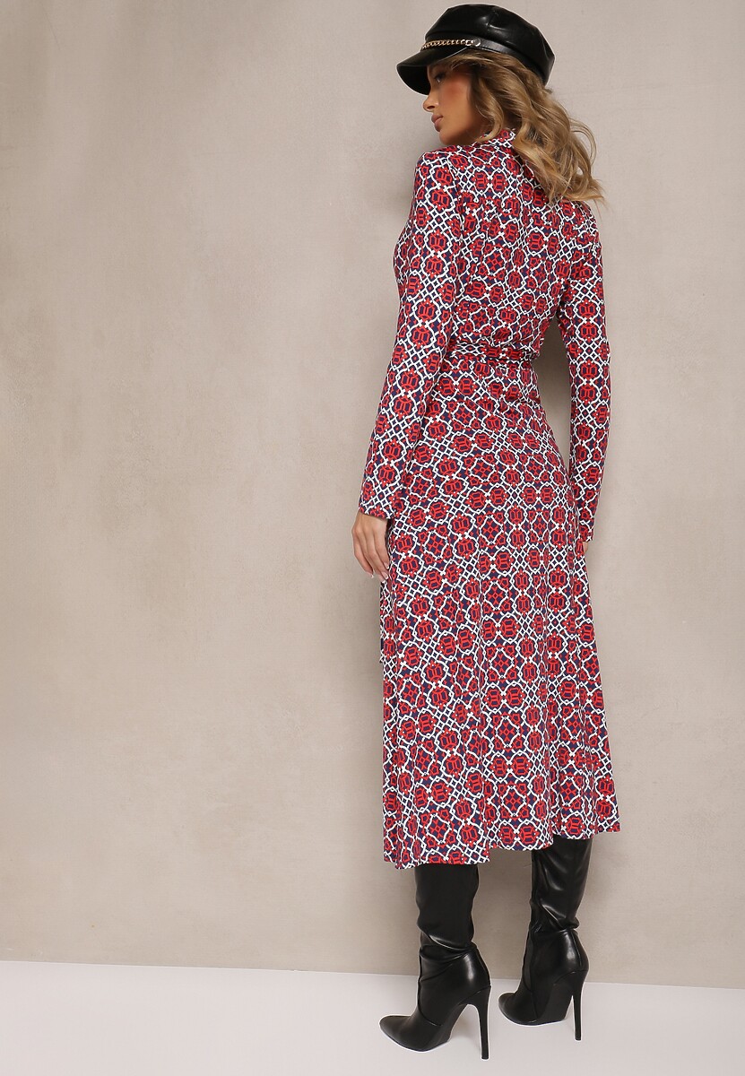 Czerwono-Biała Sukienka Maxi o Taliowanym Kroju z Paskiem w Geometryczny Wzór Perani