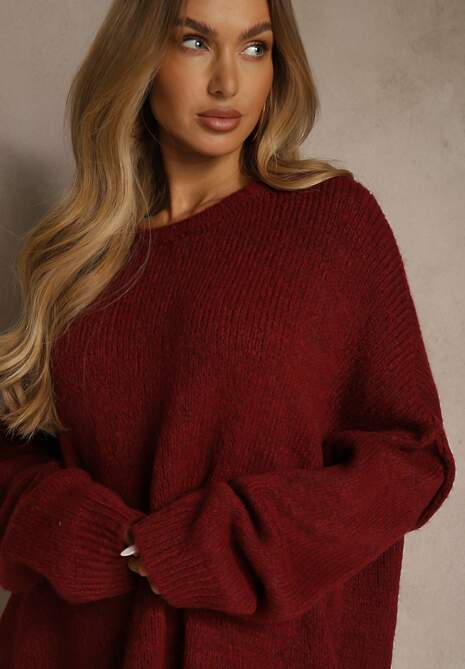 Bordowy Sweter Oversize z Wełną i Wiskozą Fedolina