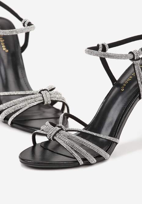 Czarne Sandały na Szpilce z Przeplatanymi Paskami z Cyrkoniami Lunafera