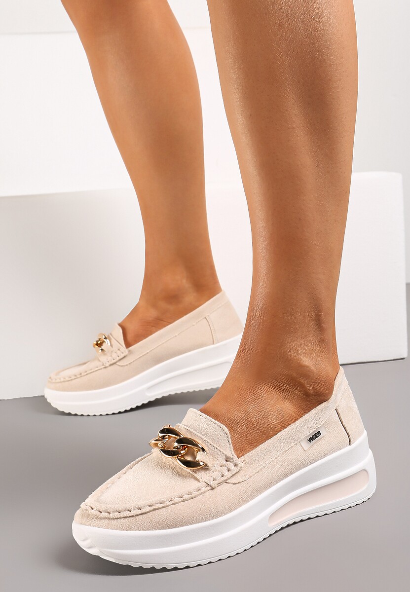 Beżowe Mokasyny z Łańcuszkiem na Wysokiej Platformie Iracana