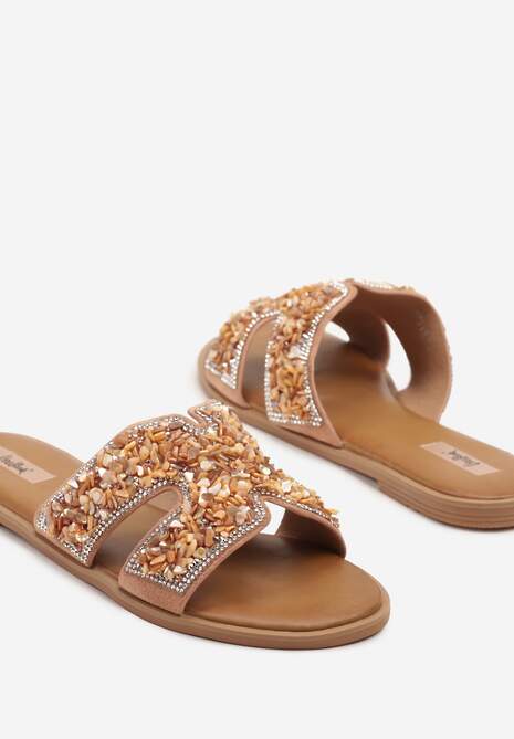 Różowe Klapki na Płaskiej Podeszwie Zdobione Wycięciami i Cyrkoniami Nilaraen