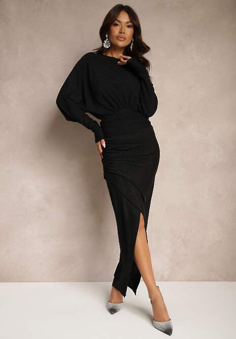 Czarna Dopasowana Sukienka z Wiskozą Ozdobiona Cyrkoniami i Marszczeniem Maninna