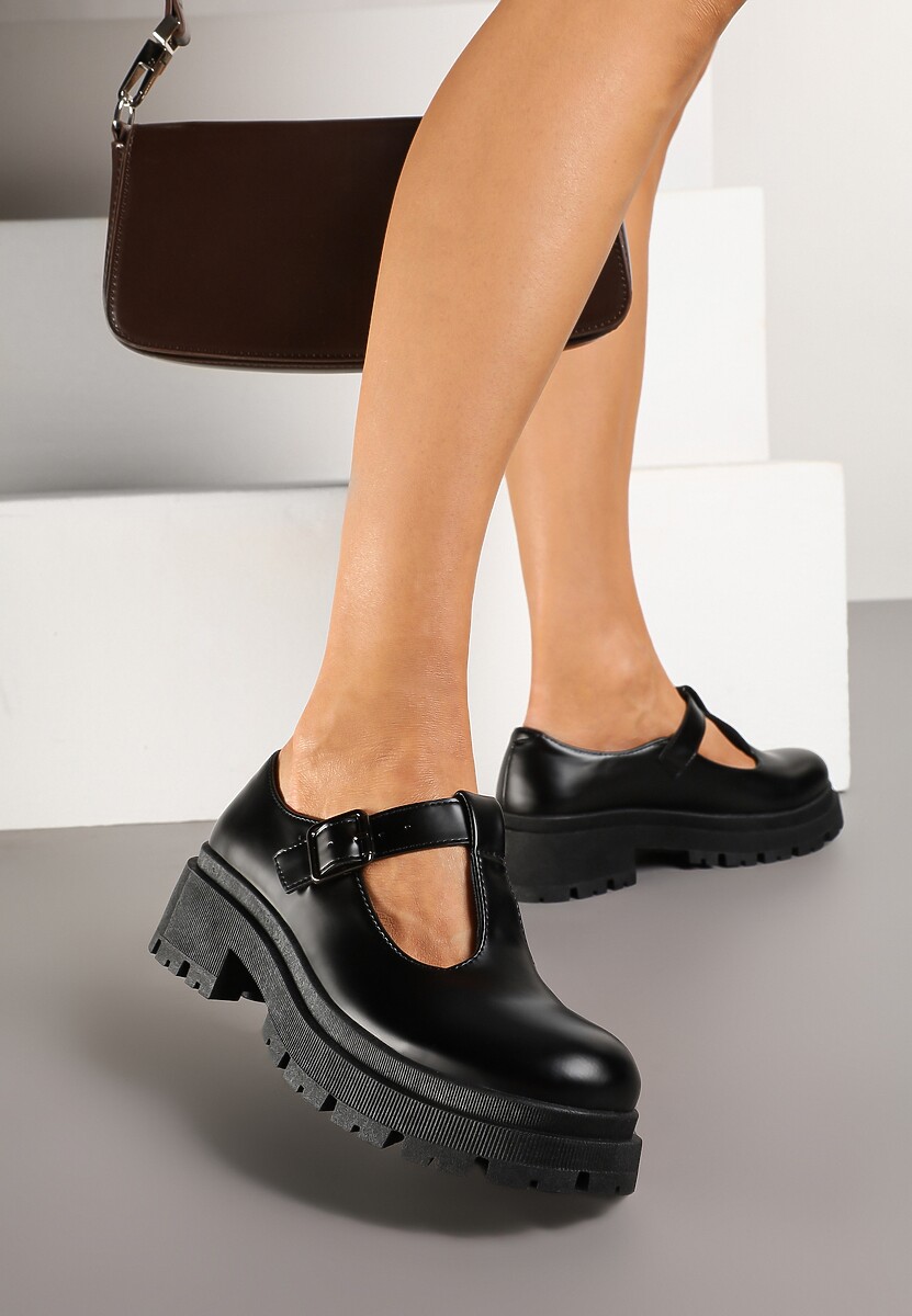 Czarne Płaskie Półbuty z Paskami na Sprzączkę Elosie