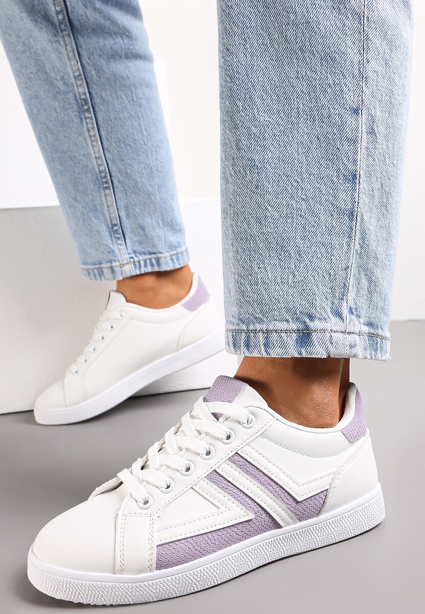Biało-Fioletowe Sznurowane Sneakersy na Płaskiej Podeszwie z Kolorowymi Wstawkami Karera