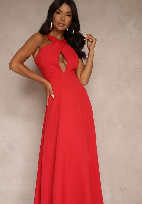 Czerwona Koktajlowa Sukienka z Wiskozą i Dekoltem Halter Dolmanna