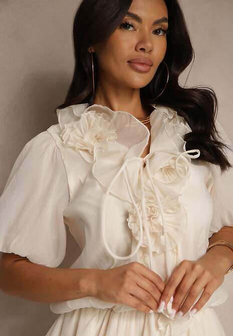 Beżowa Sukienka Ozdobiona Wiązaniem i Falbanami Tilionala