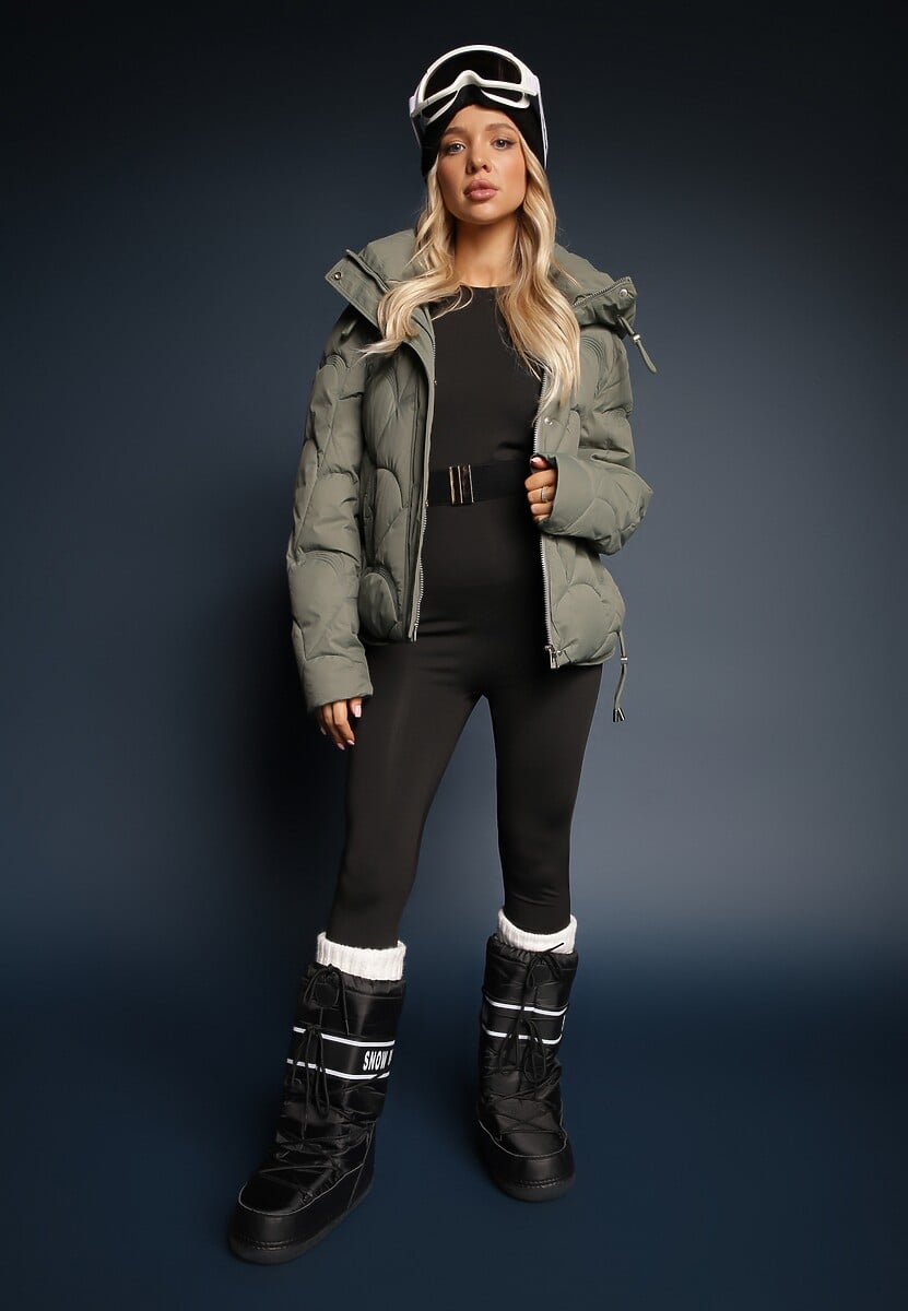 Ciemnozielona Pudełkowa Kurtka Zdobiona Pikowanymi Przeszyciami z Kapturem i Ściągaczami Ziasha