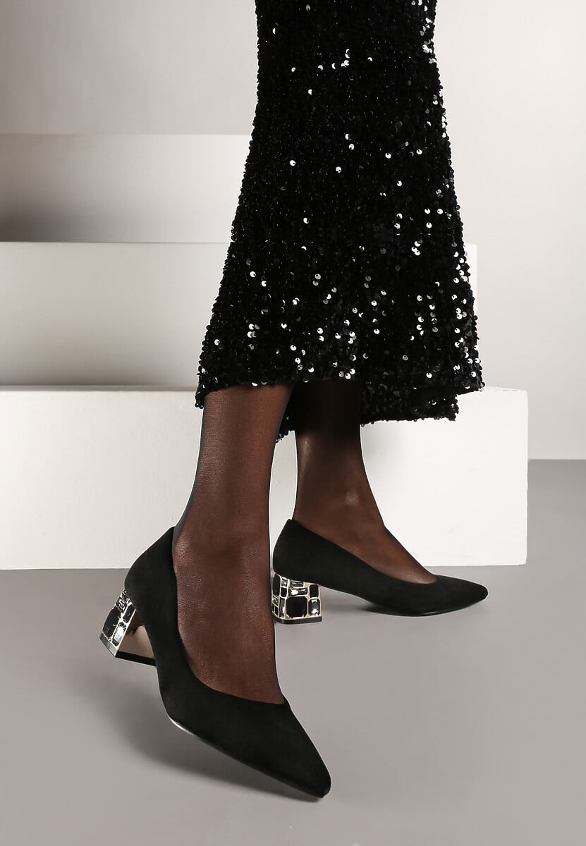 Czarne Czółenka Vices na Słupku Ozdobionym Kamieniami ze Skórzaną Wkładką Savelia