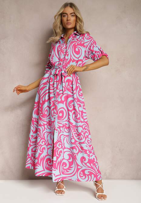 Fuksjowo-Niebieska Sukienka Koszulowa Maxi z Materiałowym Paskiem w Abstrakcyjny Print Lirans