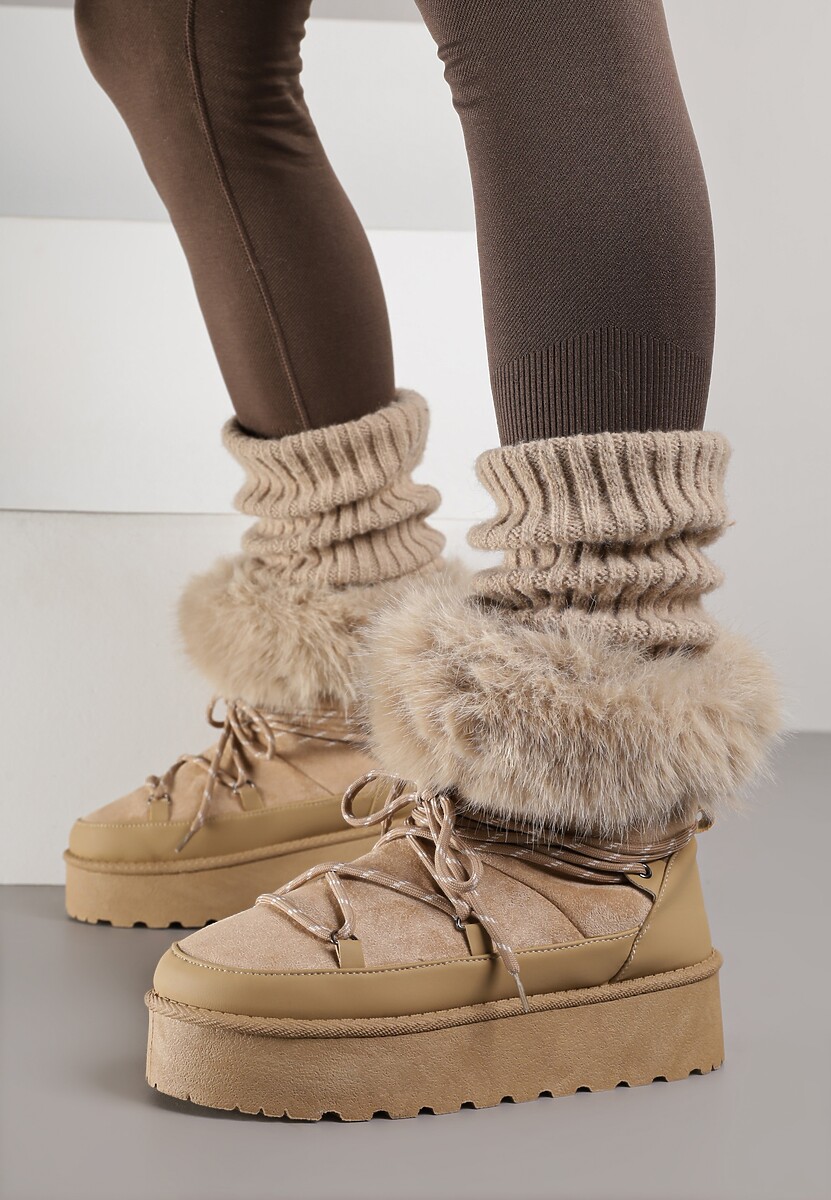 Ciemnobeżowe Śniegowce na Platformie Ozdobione Futerkiem Teswena