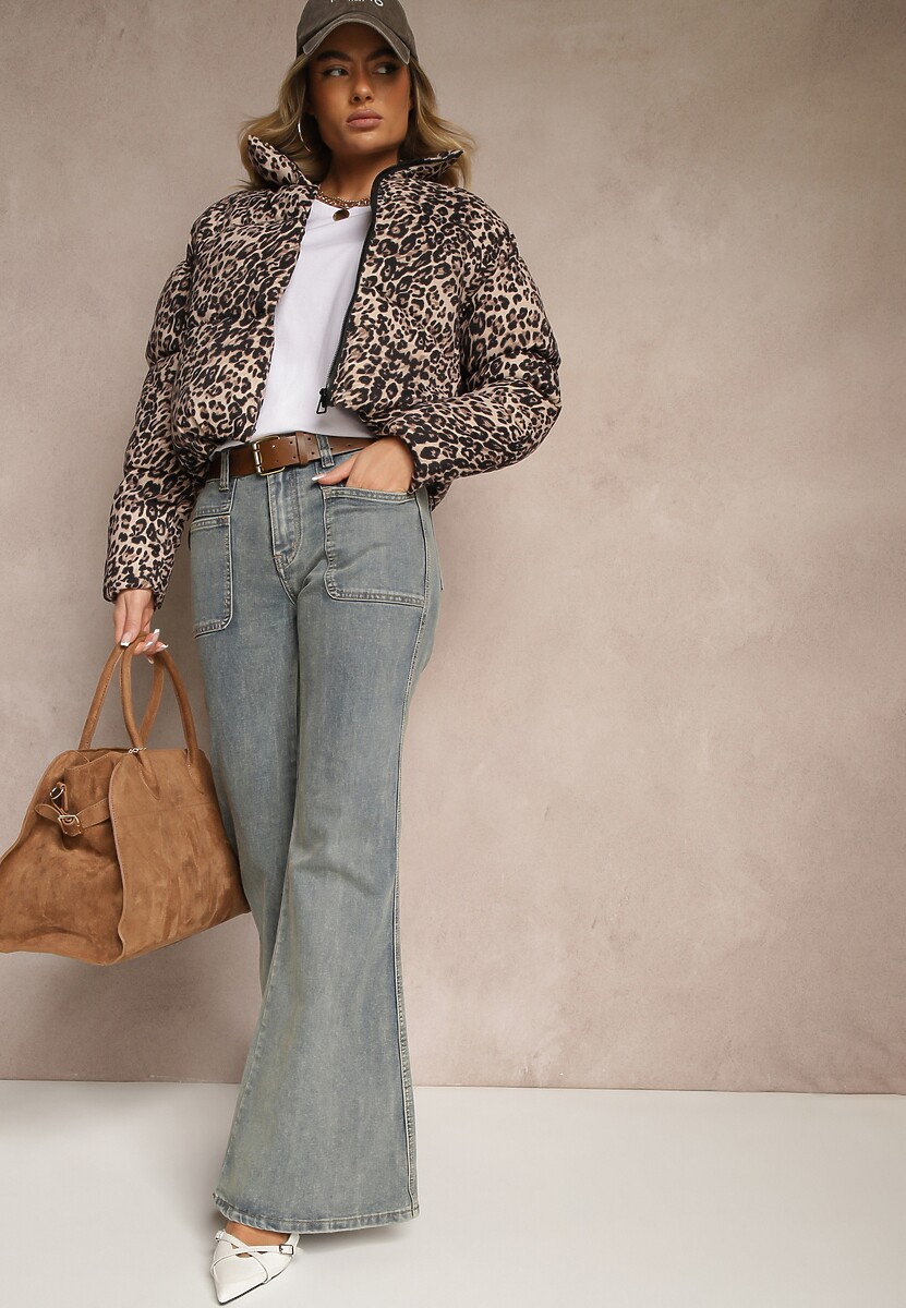 Brązowa Panterkowa Kurtka Pikowana o Krótkim Kroju ze Ściągaczami Ivilda