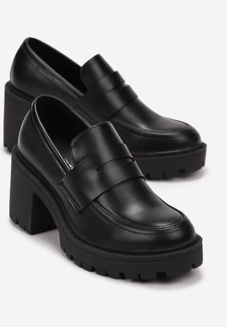Czarne Mokasyny na Słupkowym Obcasie z Ozdobnymi Przeszyciami Montella