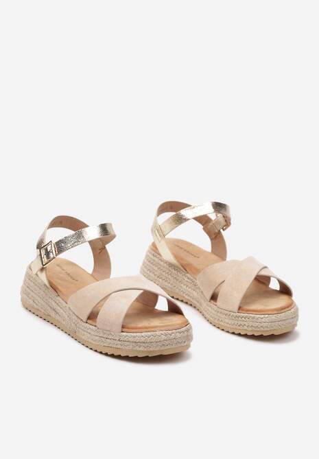 Beżowe Sandały na Platformie Ozdobionej Plecionką Zapinane na Sprzączkę Tiremia