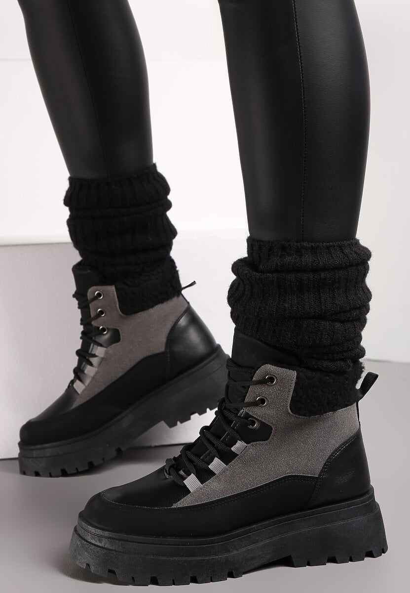 Czarno-Szare Traperki Sznurowane Trapery Janne