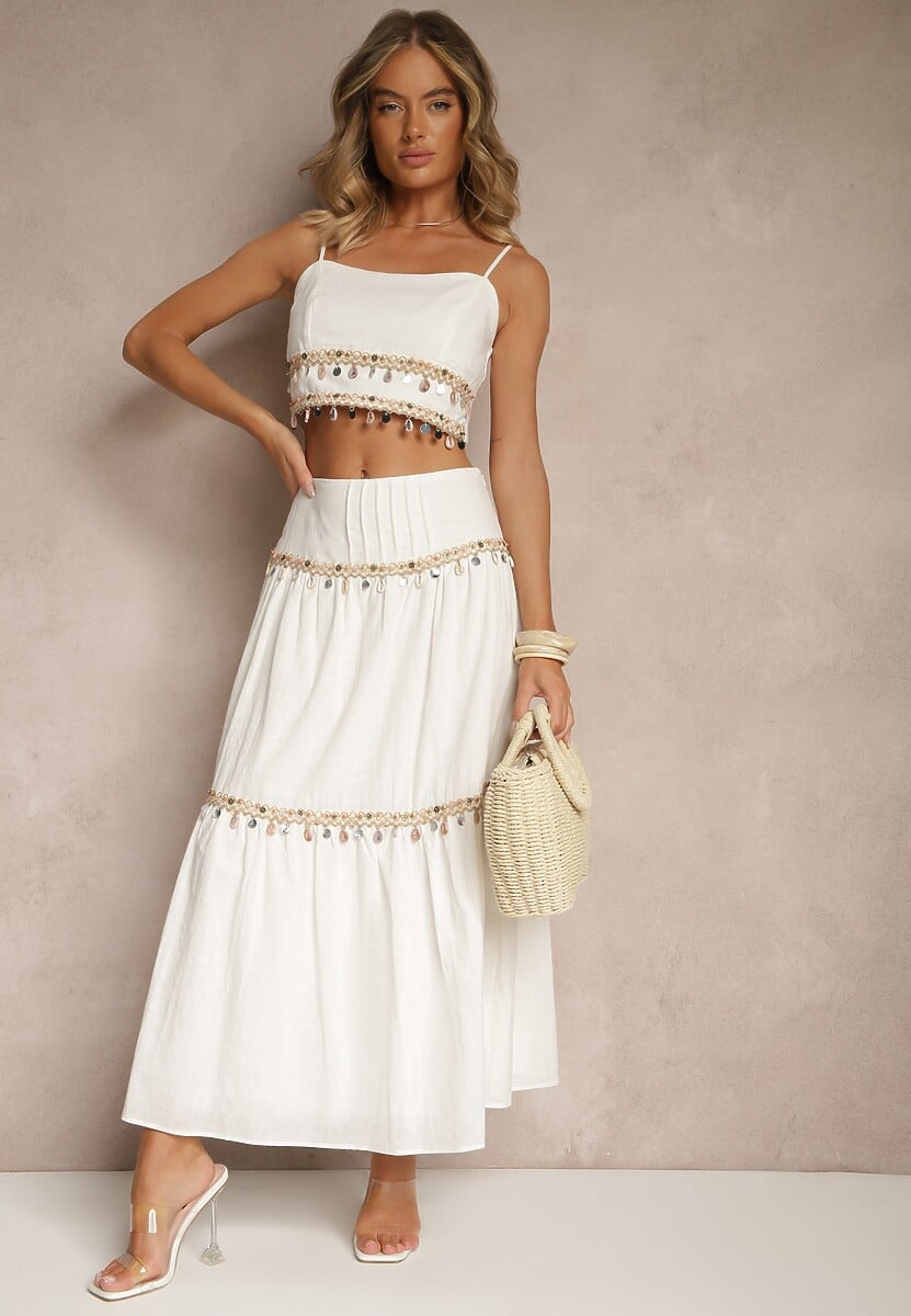 Biały Komplet z Bawełny Top i Spódnica z Koralikami Cekinami i Muszelkami Sarilisse