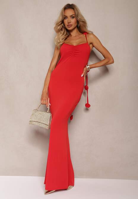 Czerwona Dopasowana Sukienka ze Sznurkami na Plecach Ozdobionymi Kwiatami Drivia