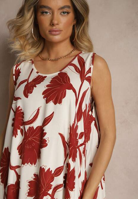 Bordowa Sukienka Bez Rękawów z Tkaniny Wiskozowej w Kwiaty Orrivia