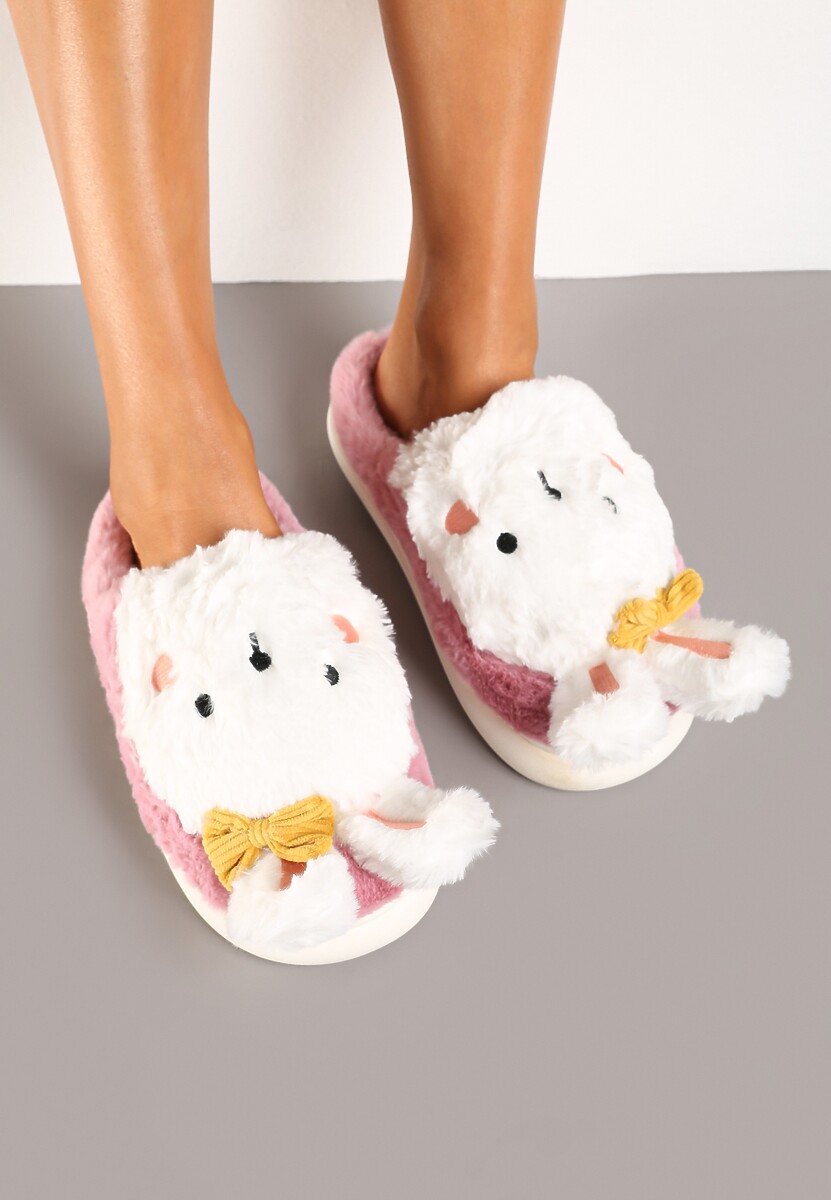 Różowe Kapcie na Płaskiej Podeszwie Ozdobione Króliczkiem 3D Temiena