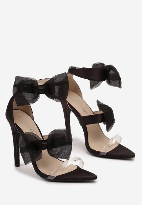 Czarne Sandały Ozdobione Kokardką Zapinane na Sprzączkę na Szpilce Leomma