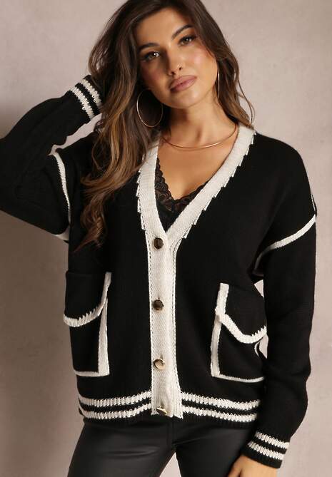 Czarny Kardigan z Metalicznymi Guzikami i Ozdobnymi Lamówkami Abovza