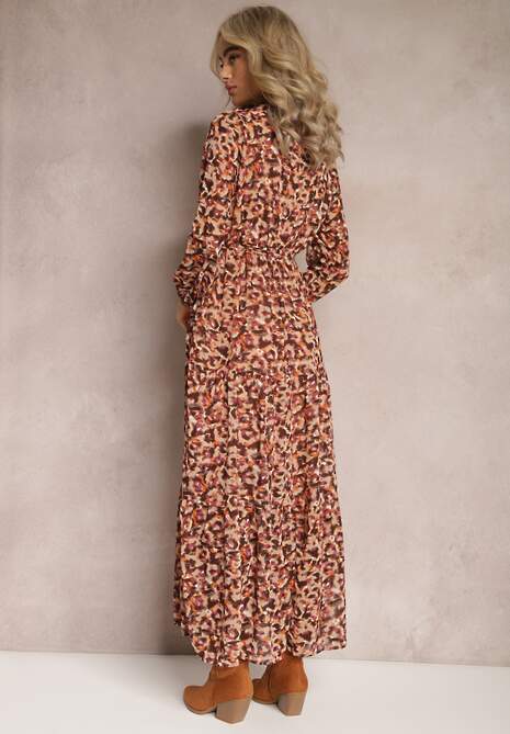 Pomarańczowa Sukienka z Kopertowym Dekoltem w Cętki Irdra