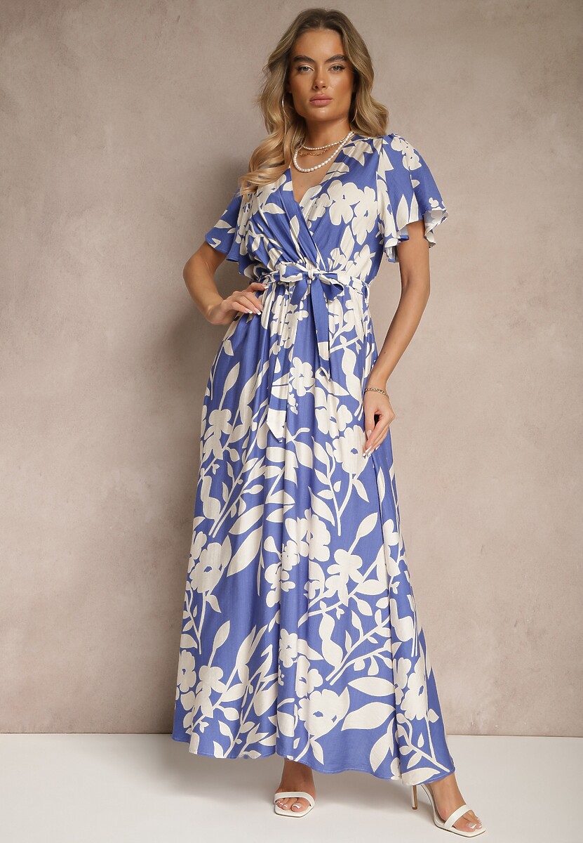Niebieska Wiskozowa Sukienka Rozkloszowana w Kwiaty z Paskiem Flornelia