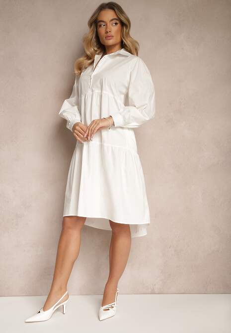 Biała Rozkloszowana Sukienka Koszulowa z Bawełny Paniell
