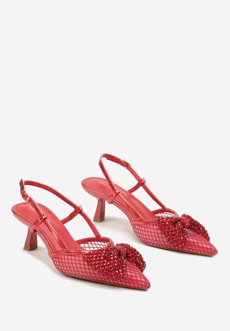 Czerwone Czółenka Lakierowane na Obcasie Kaczuszce Ozdobione Cyrkoniami i Kokardą Emariel