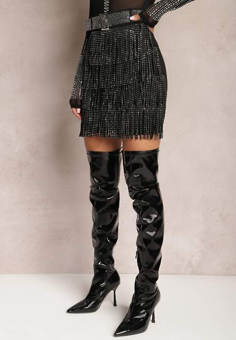 Czarna Koktajlowa Spódnica z Frędzlami i Cyrkoniami Bellici