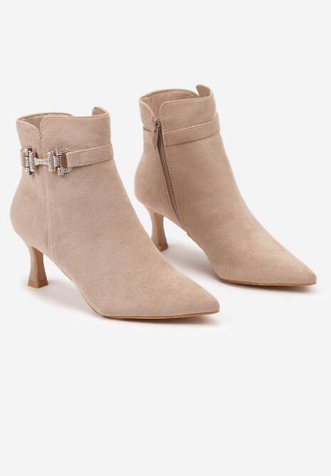 Ciemnobeżowe Eleganckie Botki na Kaczuszce z Biżuteryjną Klamerką Erimena