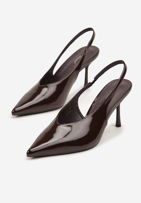 Brązowe Lakierowane Sandały na Szpilce Typu Slingback Addoxie
