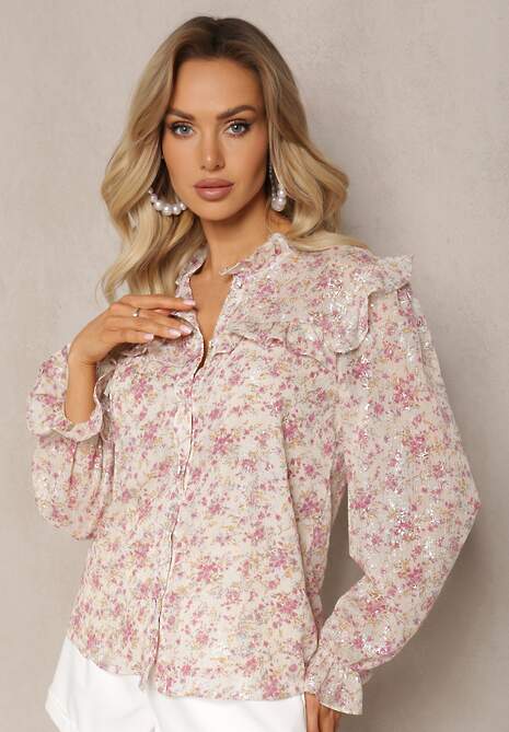 Jasnobeżowa Koszula w Kwiaty ze Stójką Falbankami i Połyskującym Zdobieniem Blemia